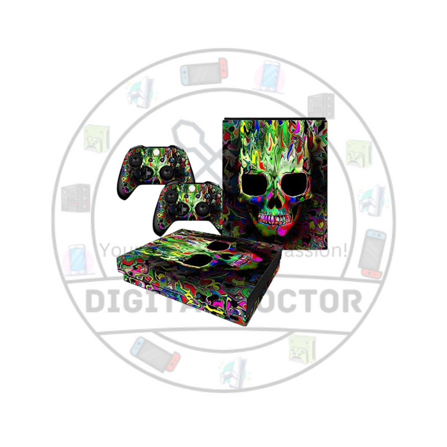 Xbox 1x Skin (Skulls,Paint Splatter) + 2x Controller skins